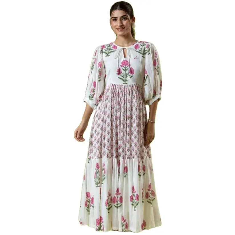 Gulabi Poppy Dress Vestido informal para mujer Cuello cerrado Vestido de mujer de algodón de fabricante y exportador indio