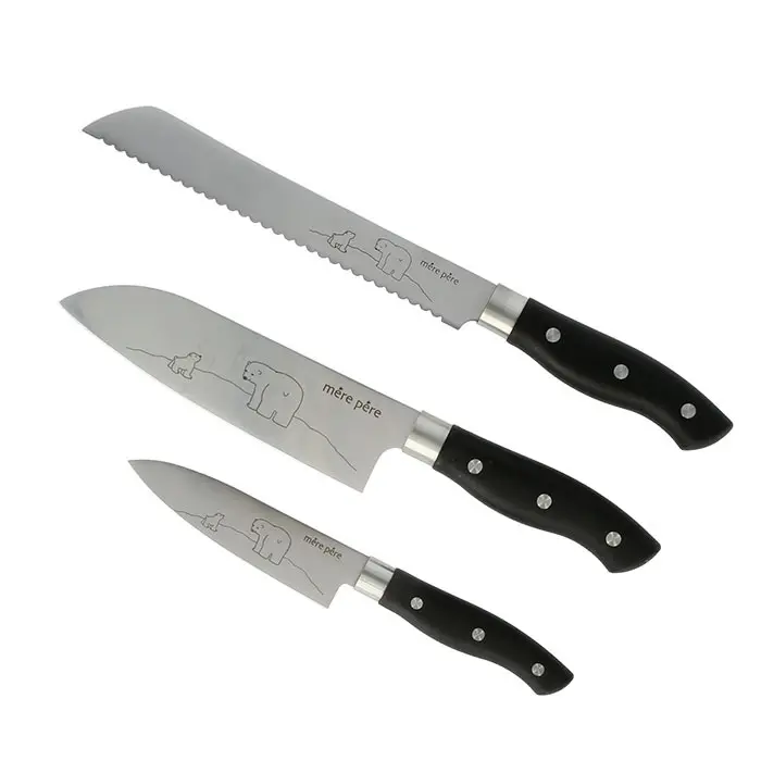 3-teiliges Küchenmesser-Set: Taschenmesser, Küchenmesser und Brotschnittmesser