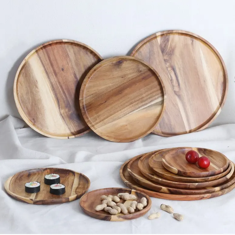 Mudah membersihkan piring makan kayu Acacia Set piring kayu bulat untuk piring makanan ringan makanan penutup