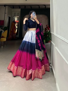 Zari dokuma iş bluz ile saf Chanderi ve Shibori baskı Rangoli ipek Lehenga choli