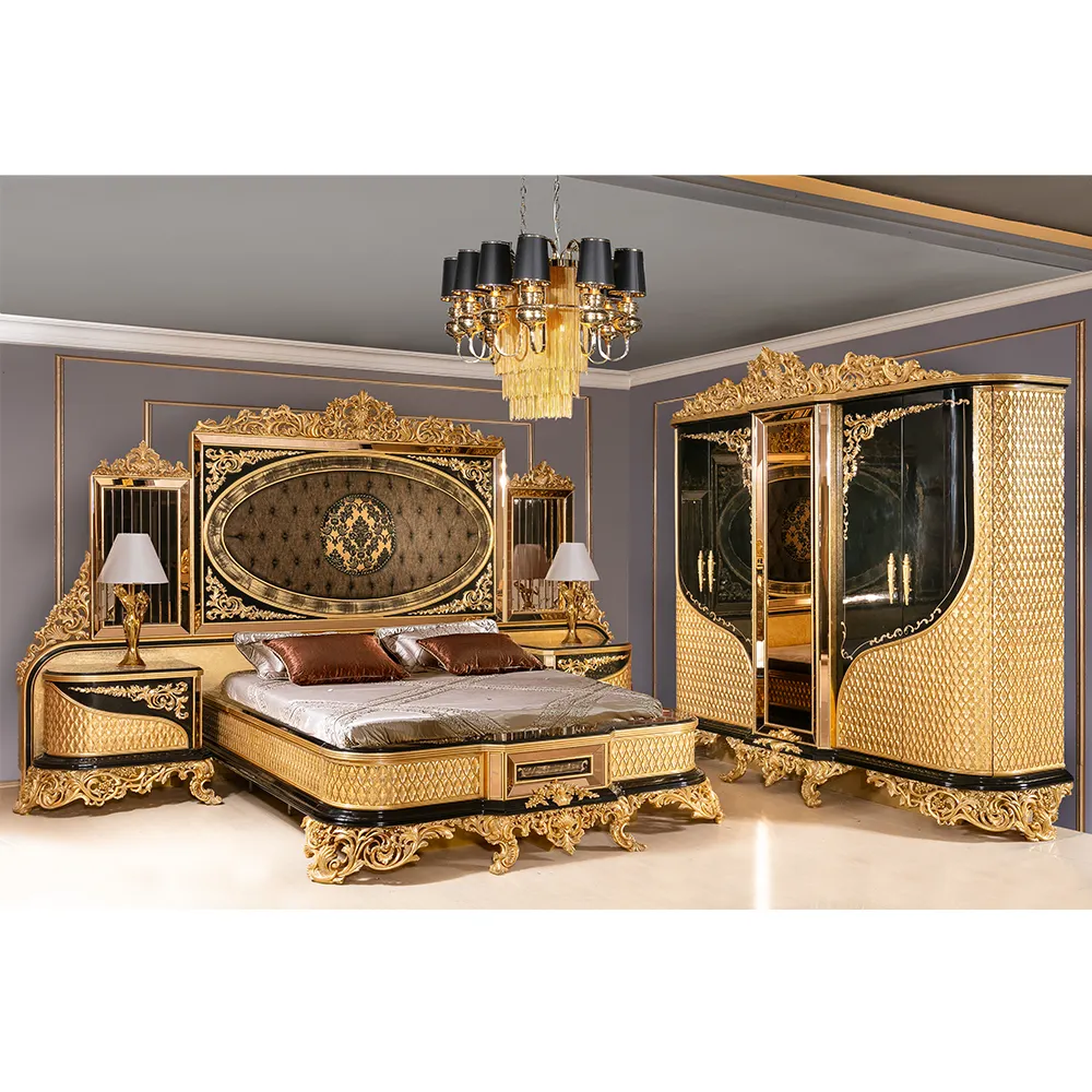 Conjunto de muebles de dormitorio tallados a mano reales antiguos de lujo de Oriente Medio turco cinco piezas negro oro afroamericano