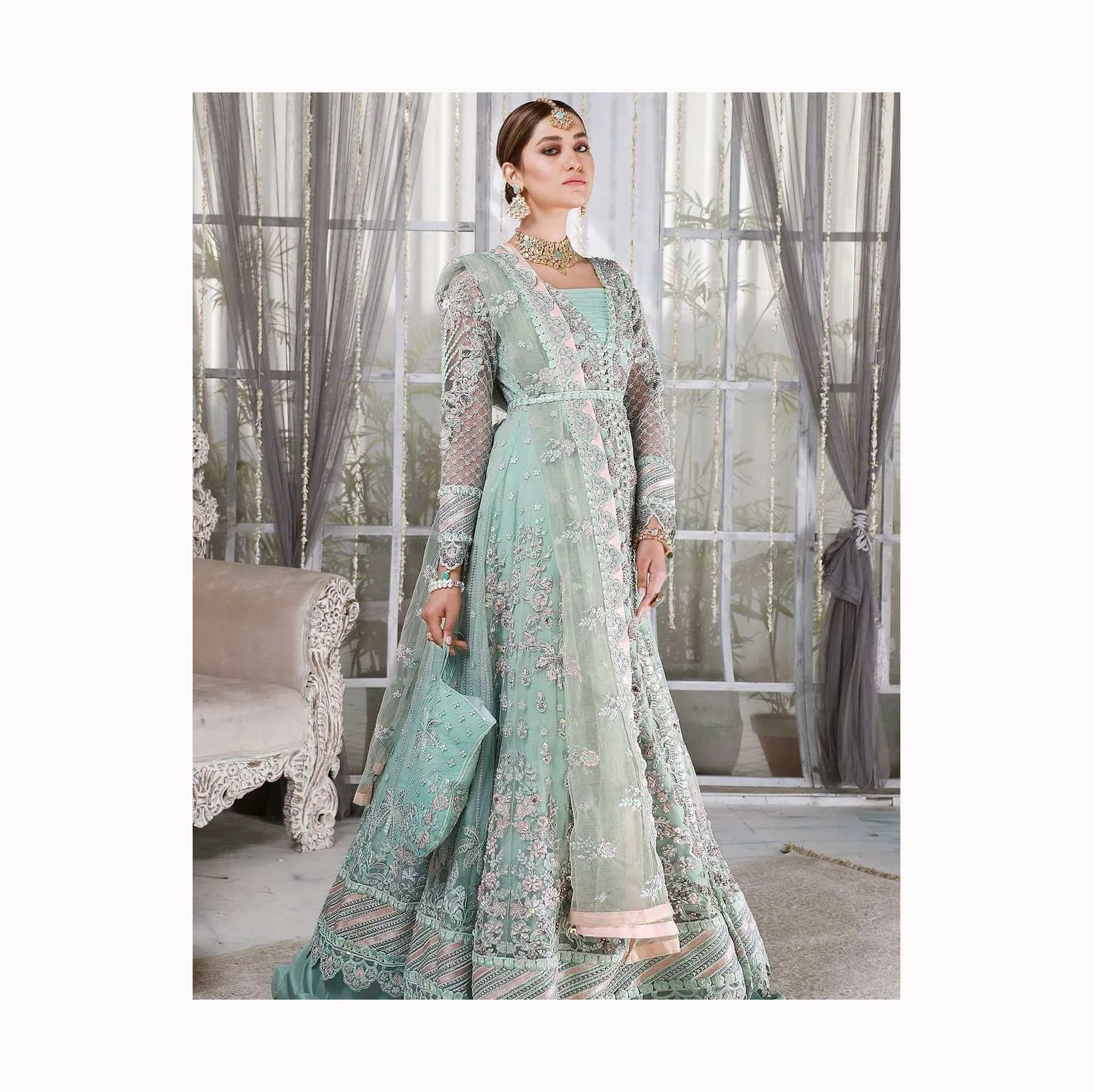 Abito da sposa camicia lunga elegante abito stampato a maniche lunghe Pakistani Salwar Kameez con Dupatta