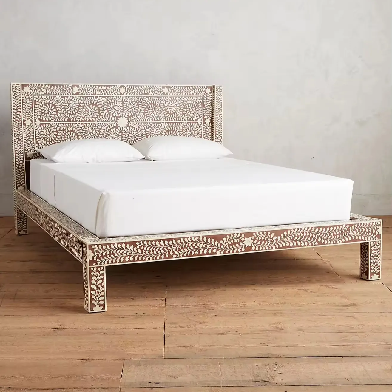 High Quality Product Handmade Bone Inlay Indian Bedroom Bed Floral Pattern Design Modern Luxury Natural Color Classic Furniture