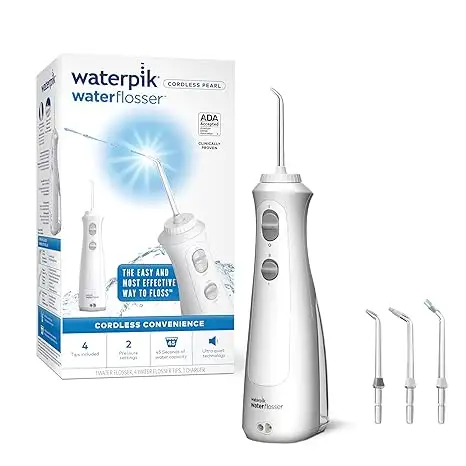 Waterpik Cordless Pearl Rechargeable Portable Water Flosser for Teeth, Gums, Braces Care and Travel with 4 Flossing Tips