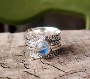 Cầu Vồng Moonstone 925 Sterling Silver Nhẫn Handmade Engagement Fidget Tim Spinner Vàng Rhodium Mạ Thiền Nhẫn - Product Image 1