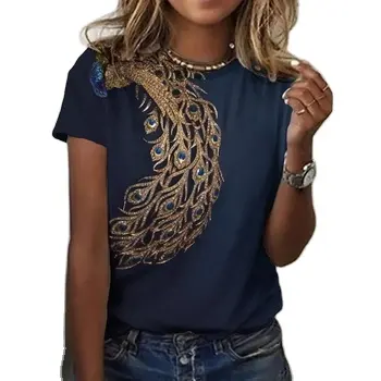 Camiseta Top para mujer, ropa informal para mujer, camisetas con estampado de pavo real, blusa de belleza, moda elegante de pavo real