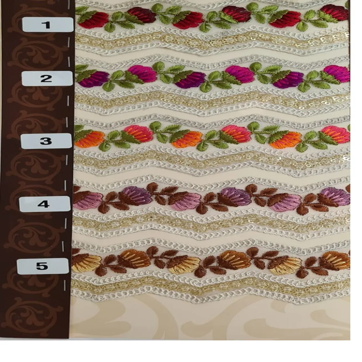 ジグザグのカットワークパターンと美しいボーダーデザインのいくつかの色のオプションでカスタムメイドの刺embroidered糸ワークレース