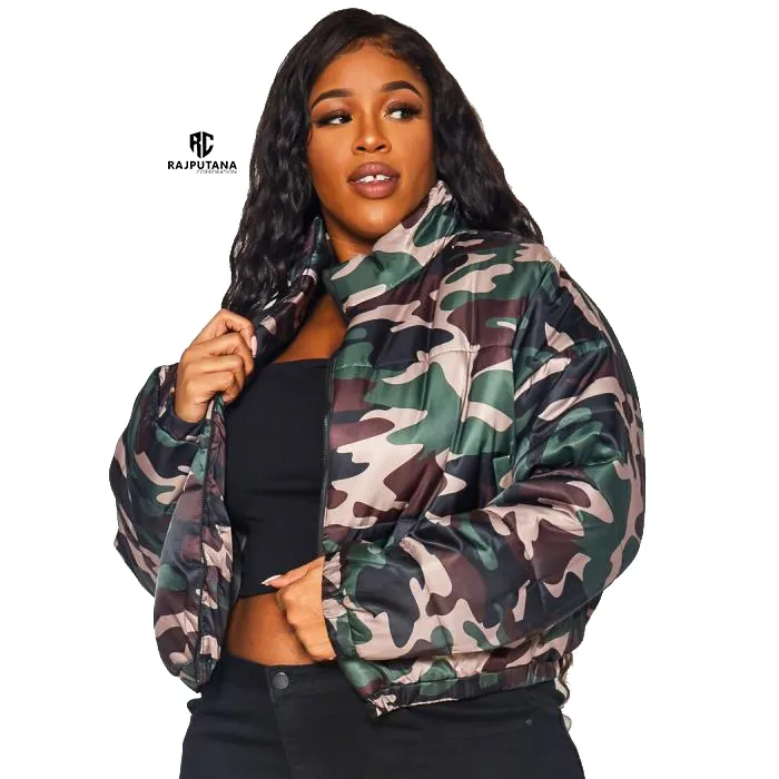 Hochwertige Camouflage Puffer Padded Bubble Cropped Damen jacken \ Geste ppte Baumwolle Polyester Puffer Padded Jacket Ladies