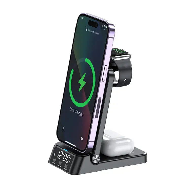 Vente chaude nouveaux produits 2023 support de chargeur sans fil 4-en-1 Qi station de charge rapide de téléphone portable avec réveil pour iPhone