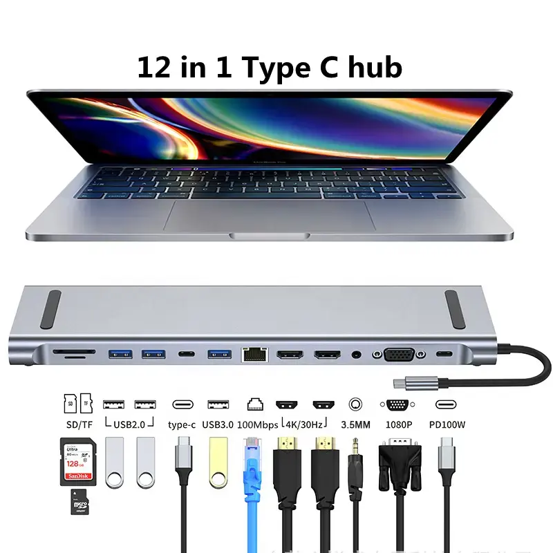 Estación de acoplamiento 12 en 1 multifunción USB C tipo C a 4K HDMI adaptador de concentrador multifuncional 12 en 1