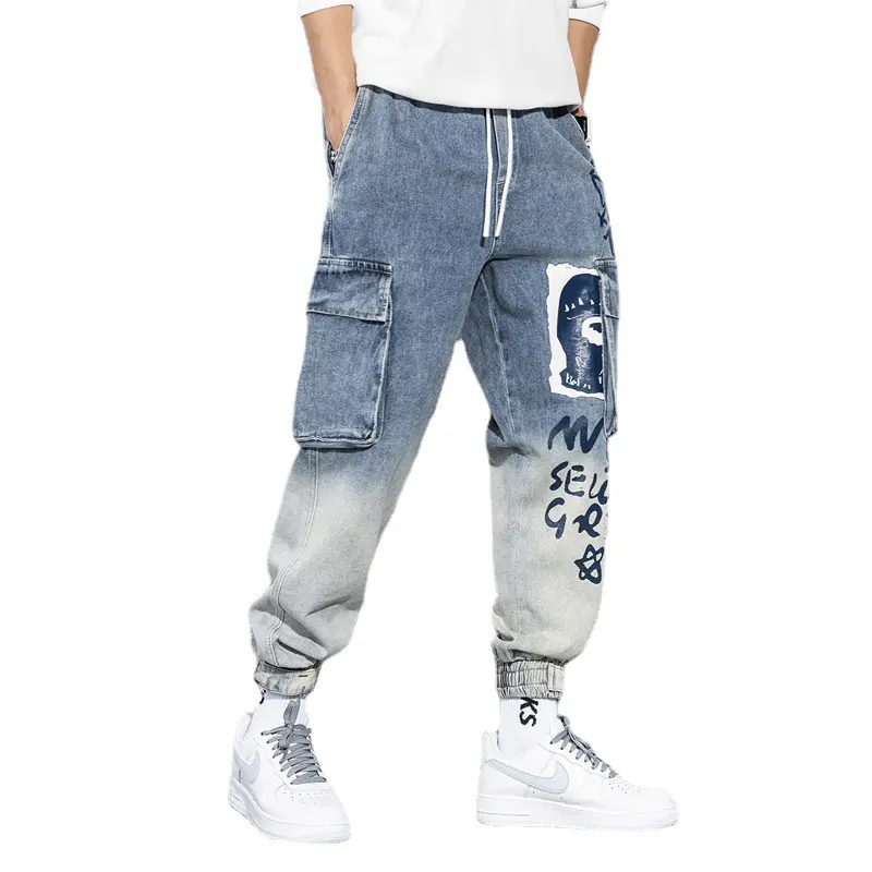 Calças jeans masculinas, saída de fábrica, pés elásticos, graffiti, degradê, multi-bolso, alta rua, cargo