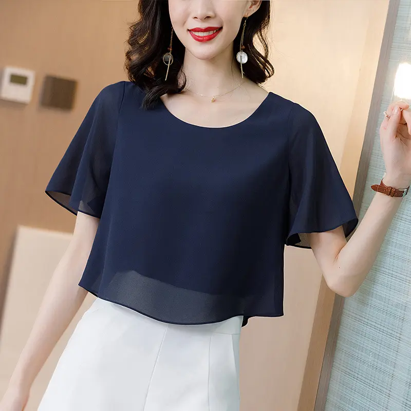 Lady Shirts Soild Short Sleeves Blouses For Women Casual Round Neck Tunic Tops Double Layer Elegant Blusas
