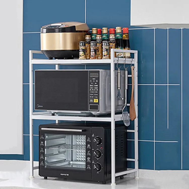Soporte de cocina de acero al carbono de alta calidad, anaquel metálico de 3 niveles con ganchos para horno microondas