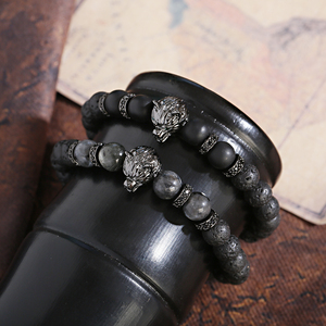 Douvei Vòng đeo tay quyến rũ sói cao cấp cho trẻ em Bộ khuếch tán dầu hạt dung nham Đá Ba ý nghĩa linh hồn Sói Reiki hạt thời trang - Product Image 2