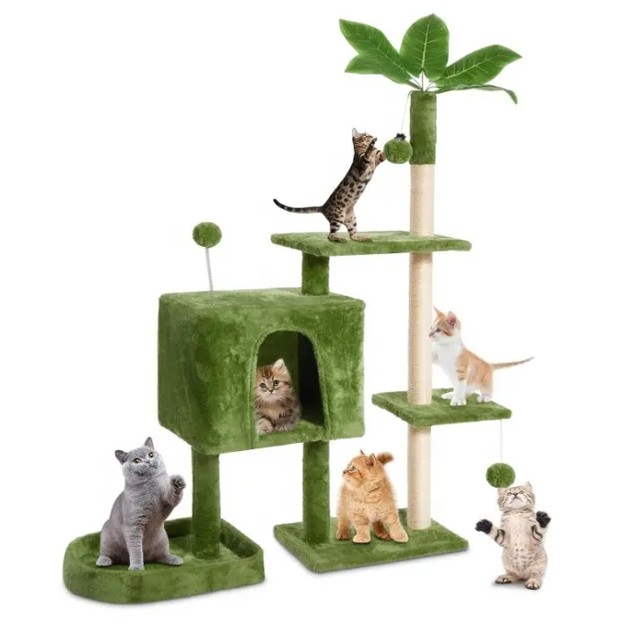 Fabrika doğrudan en çok satan 52 "yeşil yaprakları ile kapalı kediler için çiçek kedi ağacı, çok seviyeli rahat peluş yeşil kedi evi