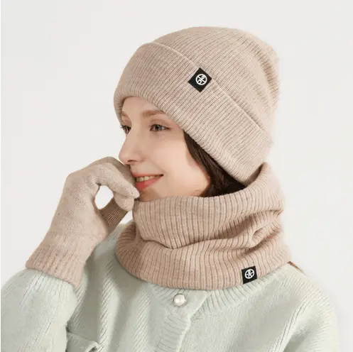 Écharpe tricotée en laine avec logo personnalisé bonnet et ensemble de gants hommes femmes hiver chaud adulte doux extensible chapeau écharpe mitaine 3 ensembles