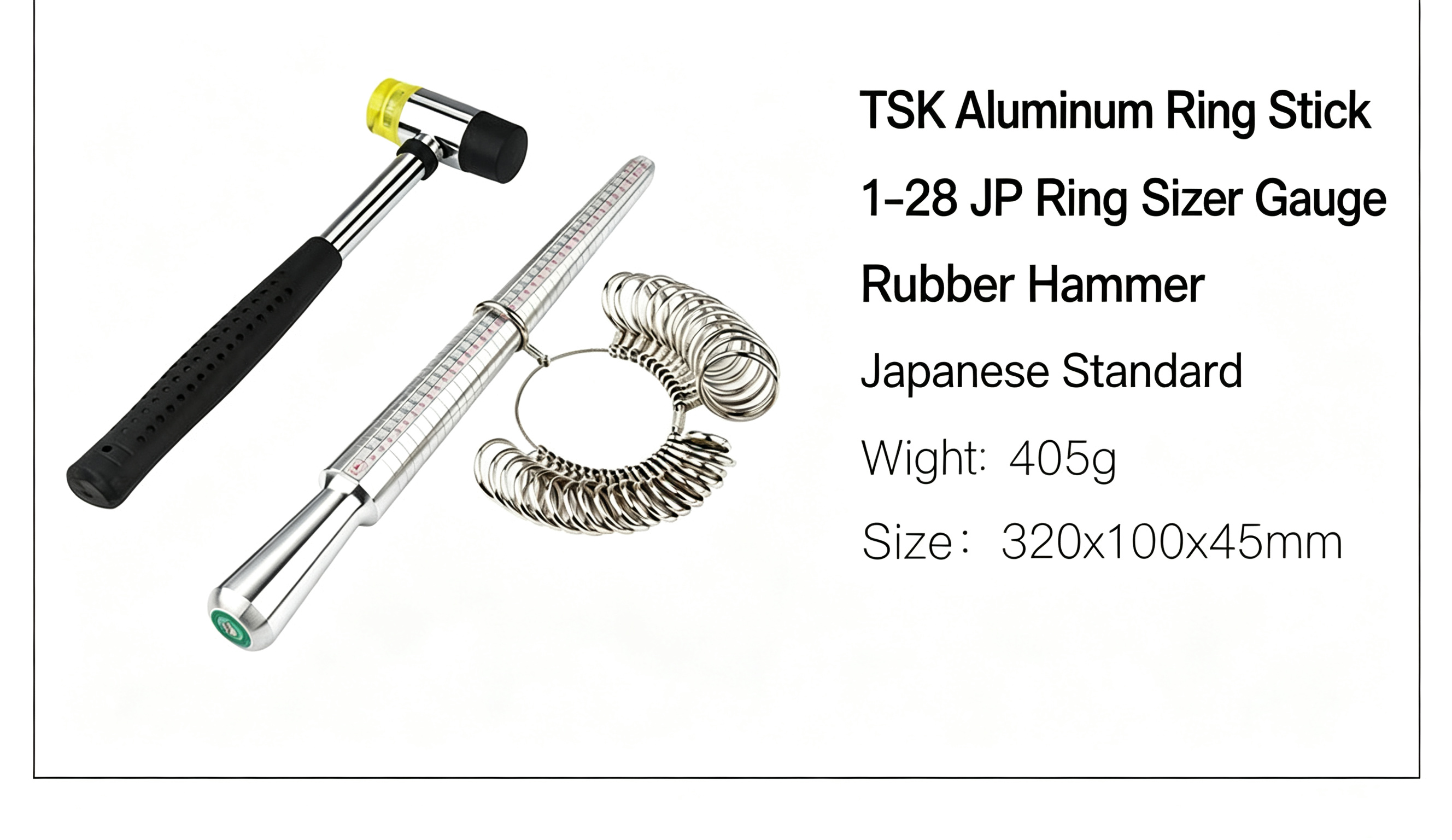 Ring Stick With 1-28 JP Ring Sizer Gauge And Rubber Hammer