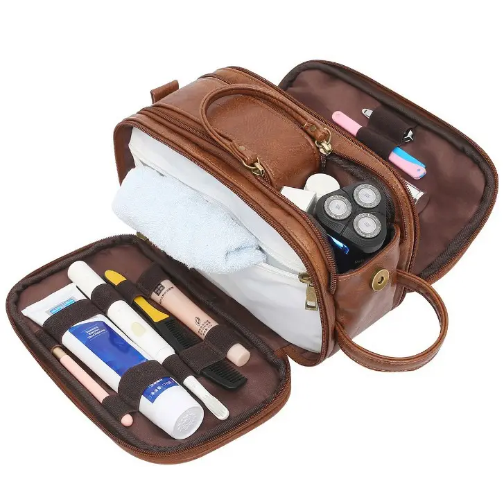 Bolsa de aseo de cuero personalizada para hombre, Kit de viaje de afeitado, grandes bolsas cosméticas, organizador de baño