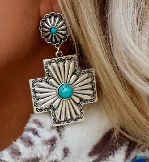 Handmade Boho Western Cute Simple Concho Cross Earrings Ancient Silver Dangle Earring Flower Silver Turquoise Drop Earring