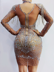 Parkly Silver Rhinestones Fringe <strong>Trans</strong> Full of Diamond Close-fitting Body Tight Real Mesh Nightclub Costume - Product Image 4
