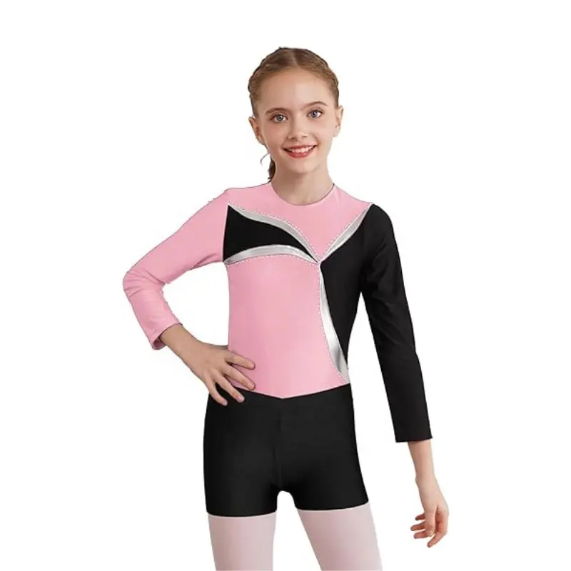 Clothes Kids Girls Sew and Cut Rhinestone Gymnastics Dance 2 Piece Outfits Long Sleeve Leotards Biketard