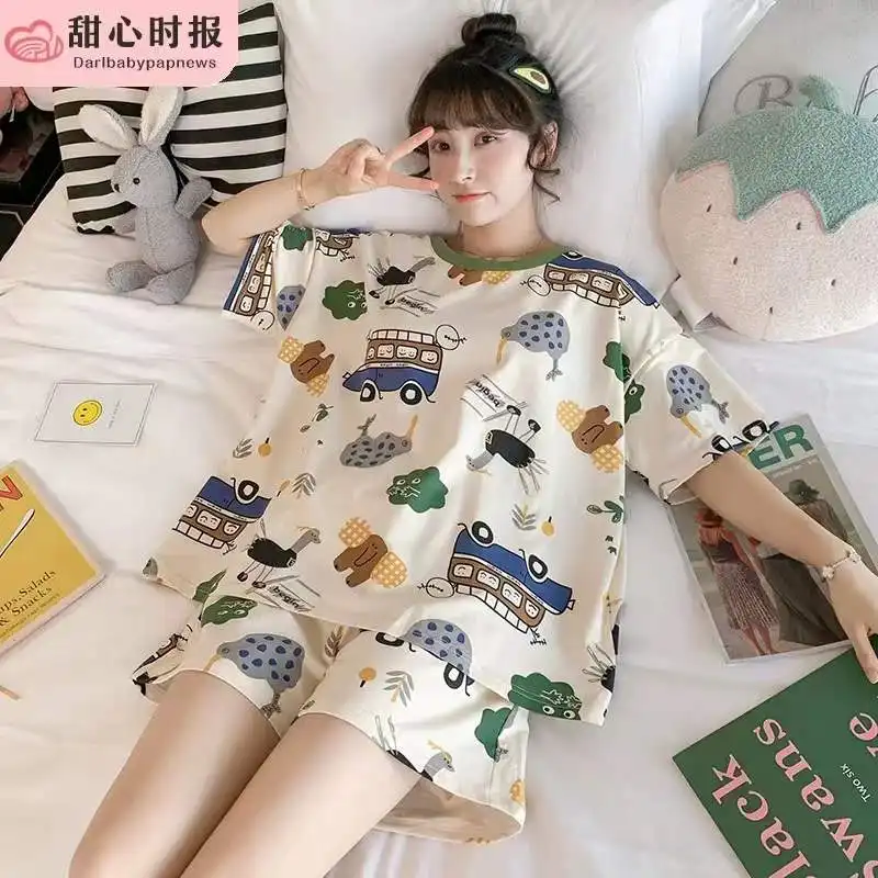 ฤดูร้อนเกาหลีชุดนอนชุดนอนผู้หญิงการ์ตูนชุดนอนชุดสตรีเสื้อผ้าสวมใส่