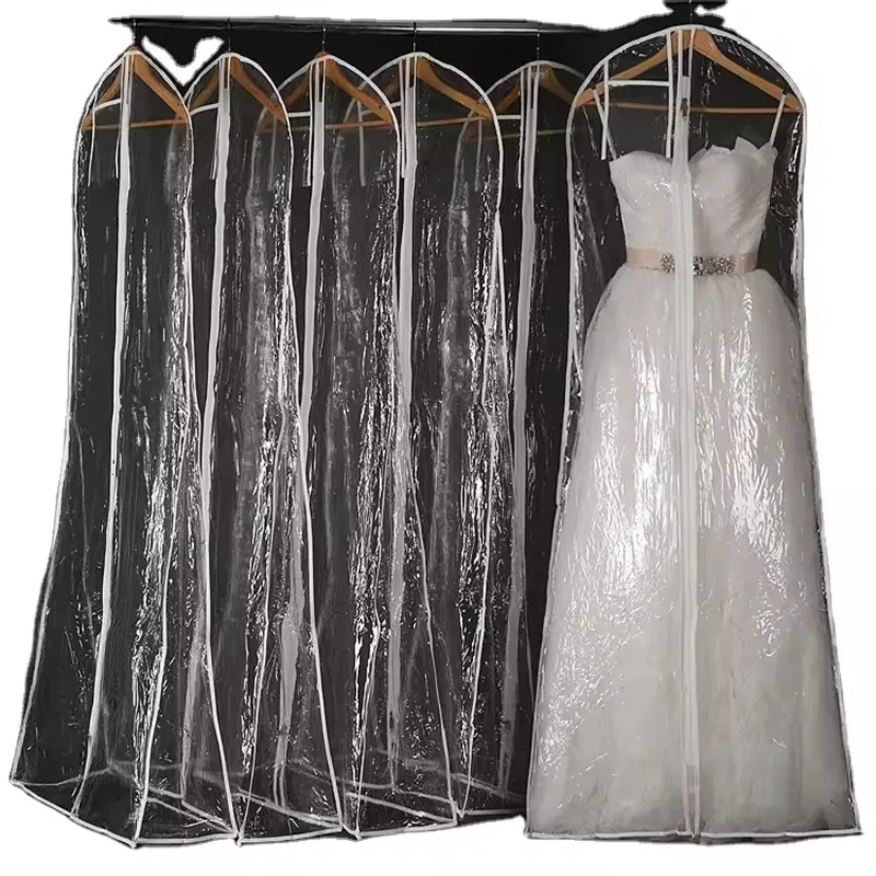 Çin toptan PVC plastik toz gelin düğün elbisesi torba kadın uzun elbise abiye giyim taşınabilir Zip konfeksiyon elbise kapak