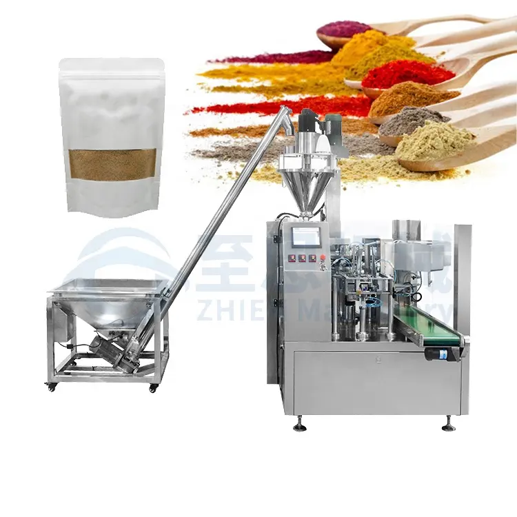 Automatic Premade Bag Masala Spice Milk Cocoa Powder Filling Sealing Packing Machine Rotary Zipper Bag Heat Sealing Auger Filler