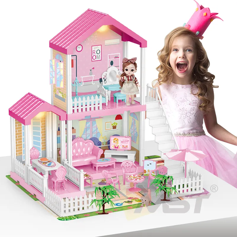 Caja de Color Venta caliente Niñas Juguete DIY Muebles Juegos de imaginación Juguetes de construcción Dream Doll Play House con luces Plástico Unisex MST