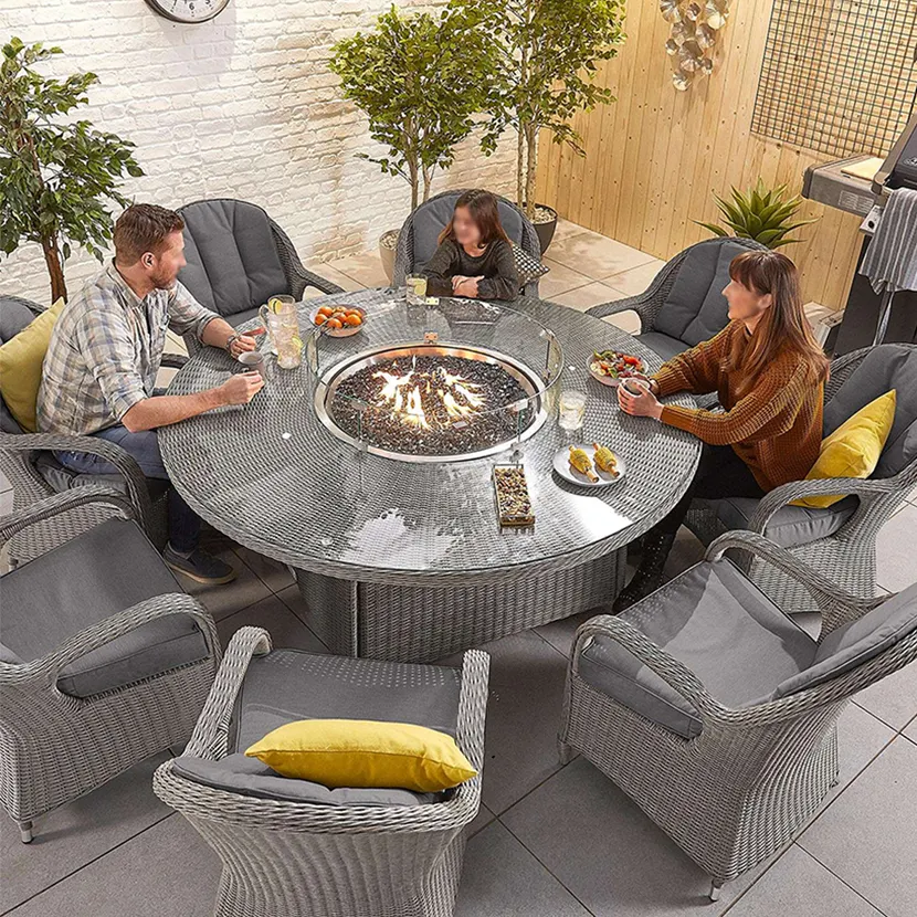 Mobili da giardino esterni struttura in alluminio PE rattan tessuto tavolo patio con fuoco pit rattan tavolo da pranzo