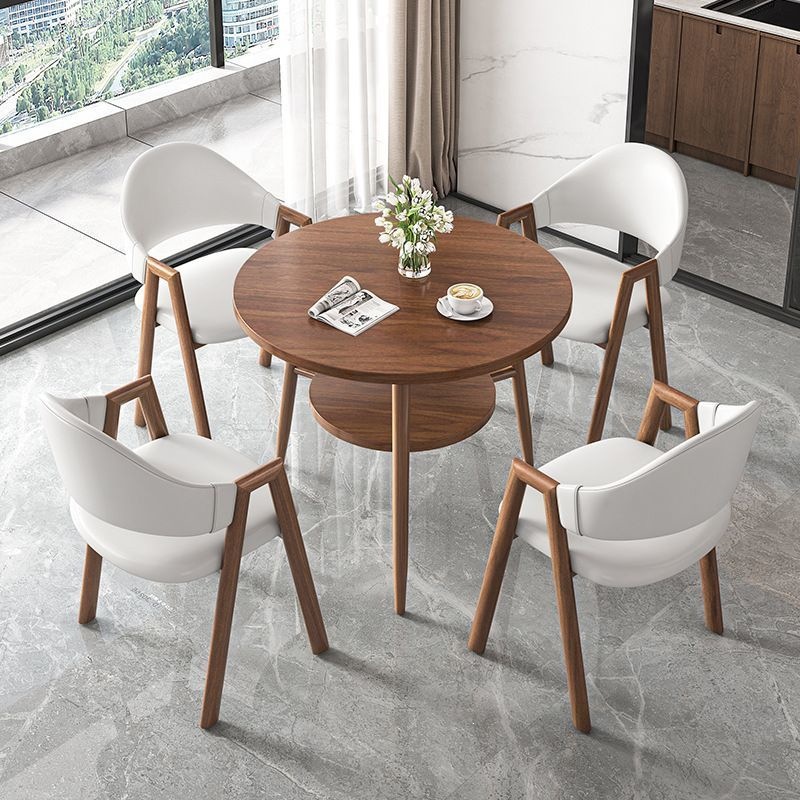 Round table + 4 white leather chairs - walnut-colored legs