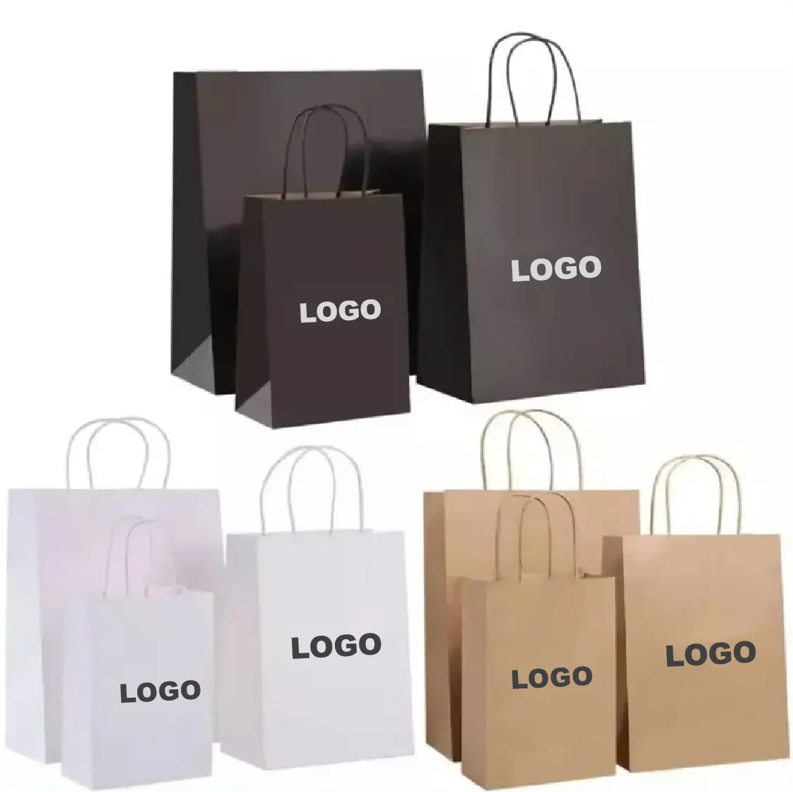 حقائب ورقية للتسوق مخصصة كبيرة الحجم بيضاء وبنية من ورق الكرافت حقيبة تحمل شعار مطبوع