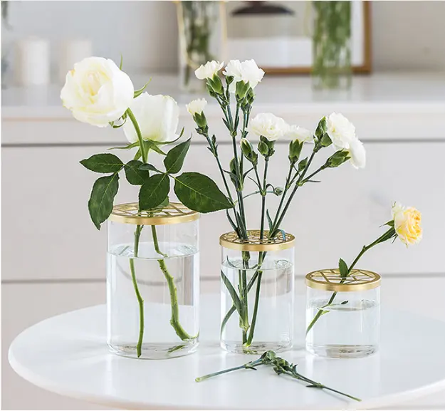 Großhandel benutzer definierte klare transparente hohe Zylinder Glas Blumenvase mit Metallgitter Deckel