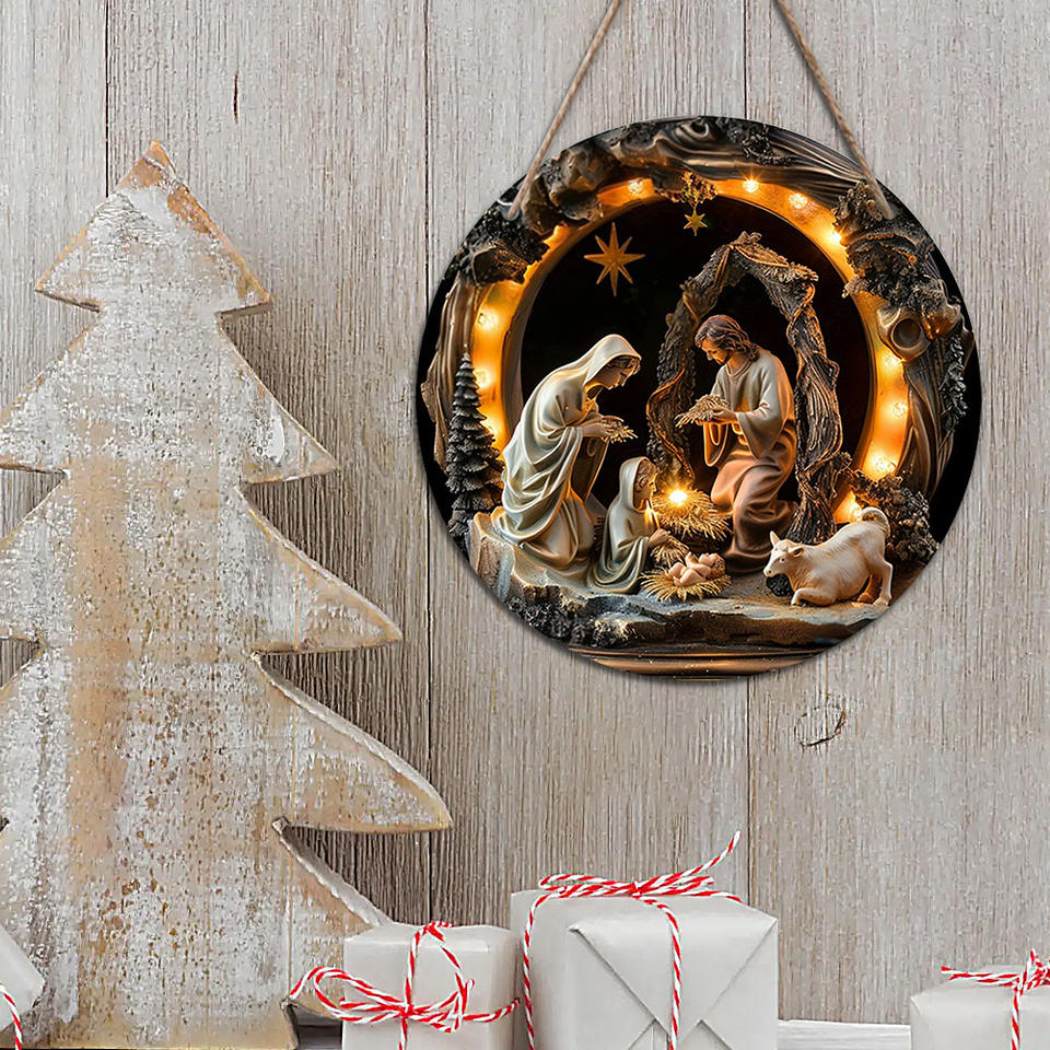 Spot Wooden Jesus Birth Baptism Circular Logo Wall Hanging Decoration for Bedroom Living Room Home Door Number Pendant
