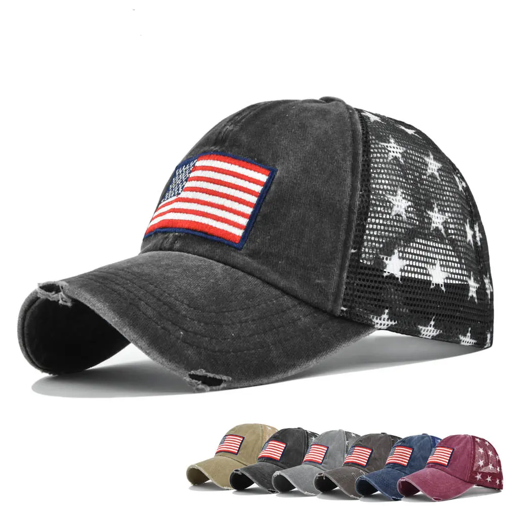 도매 미국 국기 자수 모자 트럭 메쉬 모자 빈티지 야구 모자 유니섹스