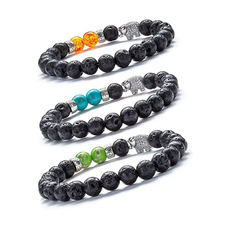 Amiu — Bracelet Chakra élastique en perles, œil de tigre, améthyste, pierre de lave, vente en gros, fait à la main, éléphant en Zircon CZ