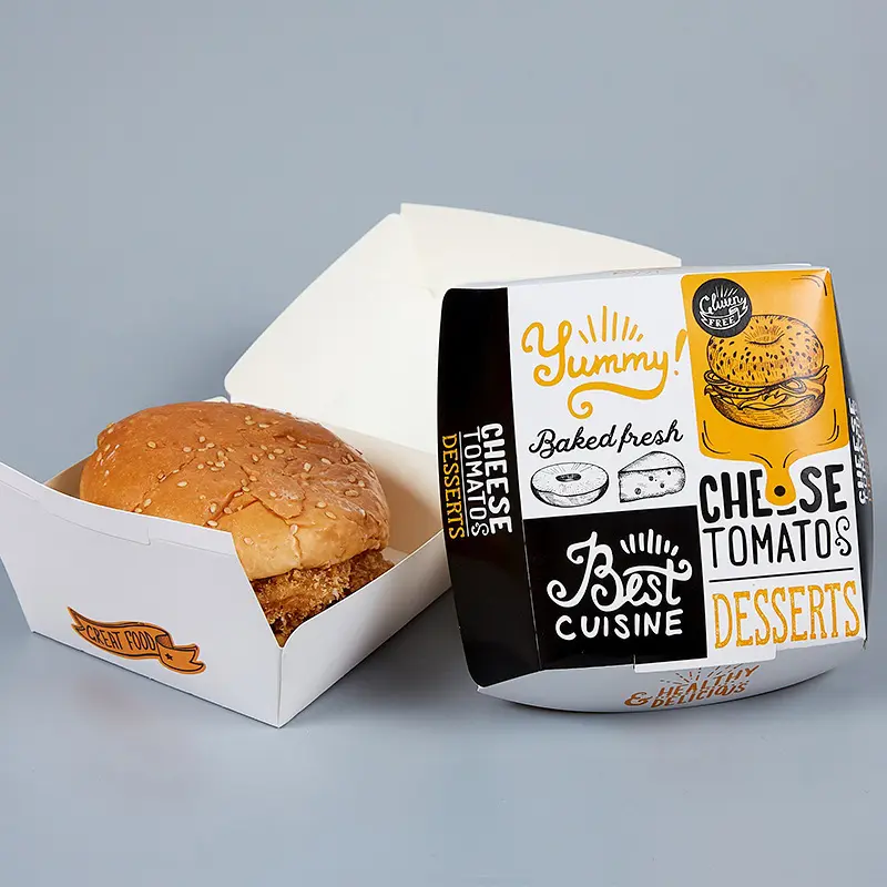 Caja de hamburguesas para llevar, cartón Kraft, embalaje de hamburguesas, papel de hamburguesa, venta al por mayor, embalaje de alimentos desechable personalizado, reciclable aceptar