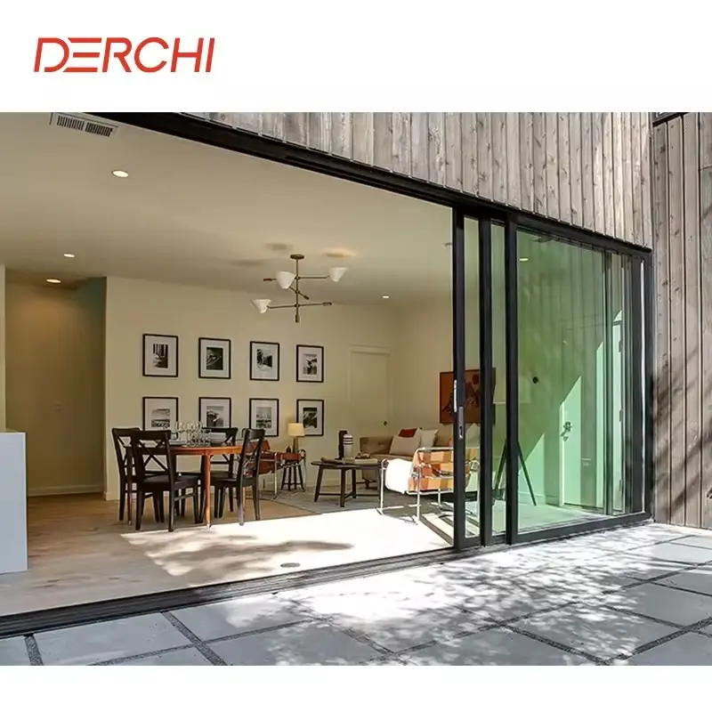 DERCHI AS2047 NFRC Rotura térmica Aluminio A prueba de huracanes Impacto 4 pistas Gran doble vidrio Patio Puerta corrediza de vidrio de aluminio