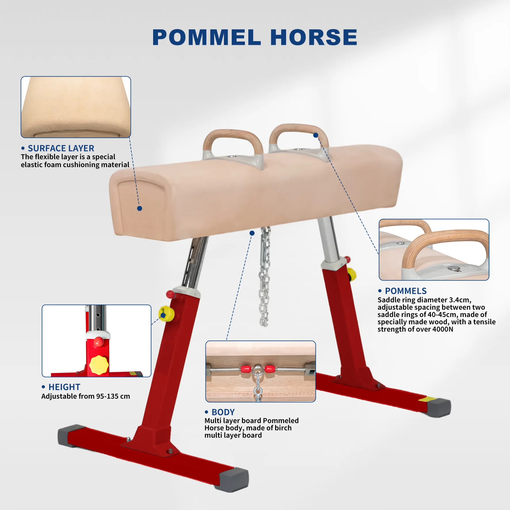 Gaofei Club Series Competition Adjustable Pommel Horse Gymnastics Equipment Professional Gymnast Pommel Horse For Sale