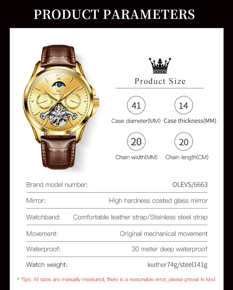 OLEVS 6663 Mechanical Men's Watch Waterproof Luminous Men's Trend Mechanical Watch description image