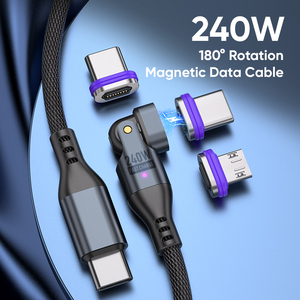 5A超快速充电C型电缆240W | 180弯曲5A快速充电C至C & L & Micro USB 3合1数据同步磁铁电缆