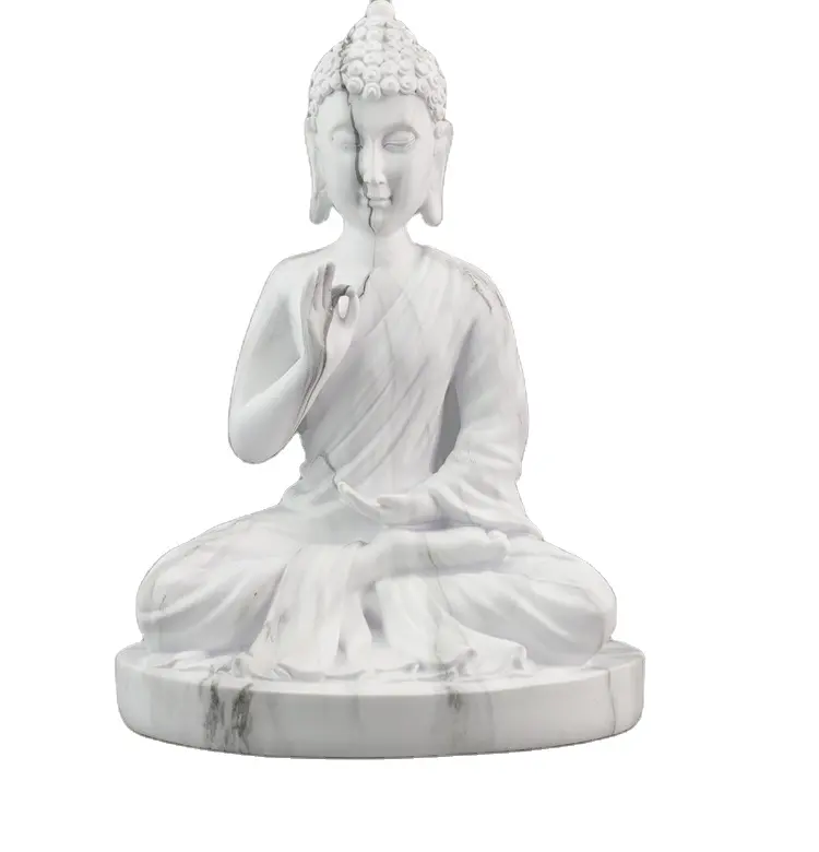 Decoração em resina artesanato para casa elegante, estátua de artesanato em 3D, estátua de Buda de porcelana branca estampada por transferência de água