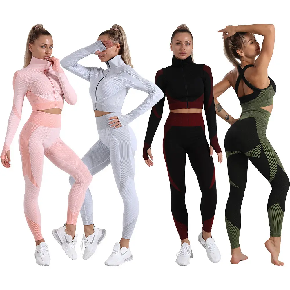 S-4XL de Yoga para mujer, conjunto deportivo sin costuras, Leggings de gimnasio, Top corto de manga larga, chaqueta, sujetador, chándal de Fitness, otoño e invierno, 3 uds.