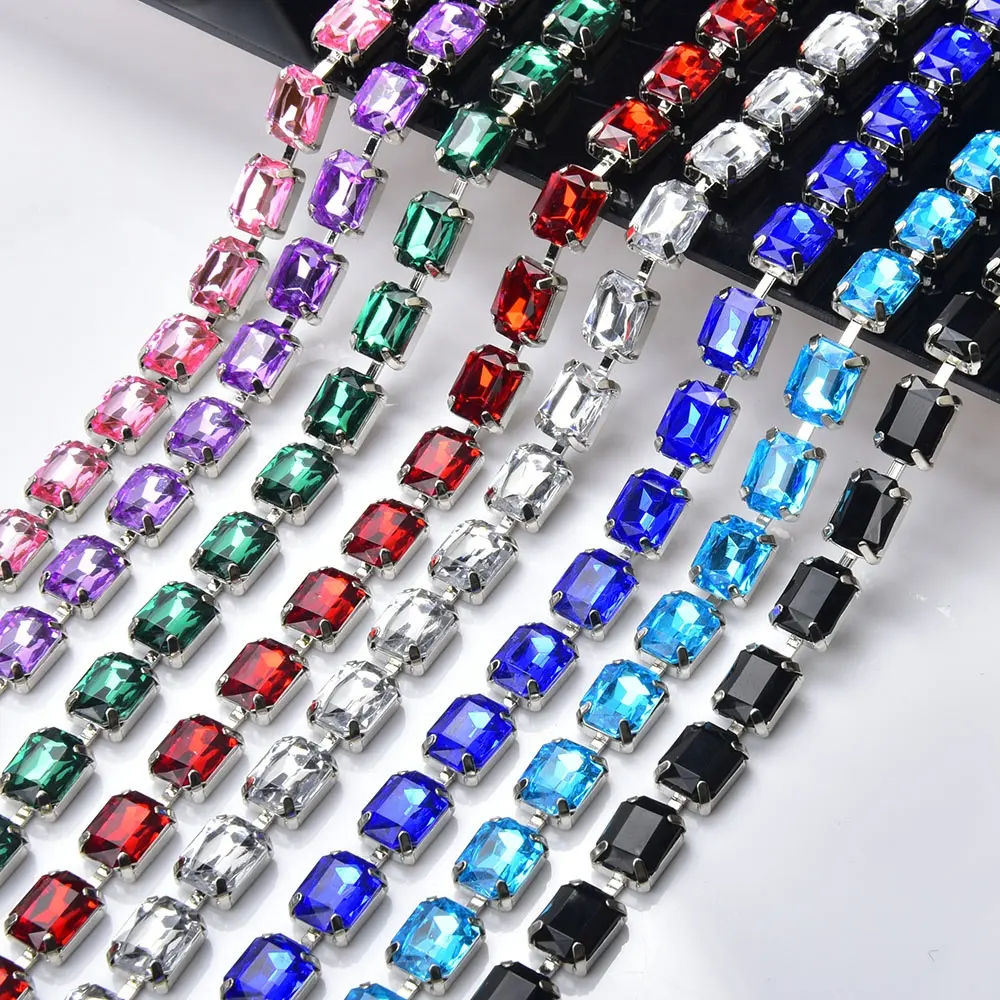 8*10mm Acrylic Rhinestone Rectangle Cup Chain Colored Crystal Diamond Metal Trim Clothing Shoes Diy Jewelry Making Accessories