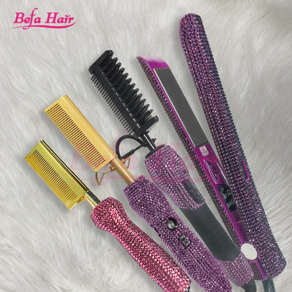 Escova alisadora de cabelo elétrica, alisador de cabelo de metal estilo roxo, pente elétrico quente