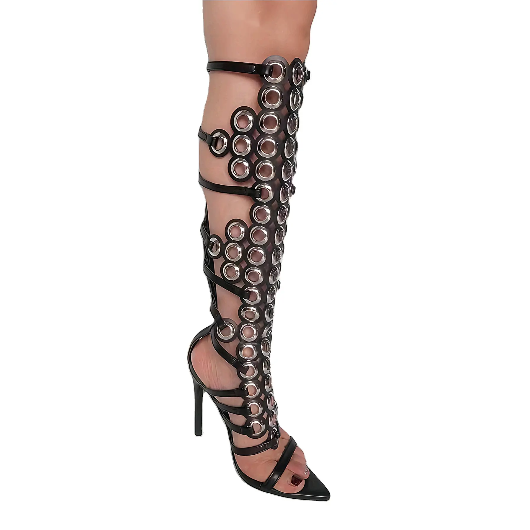 Ubililia - Sandália de salto alto para mulheres, com bico de metal cravejado, salto agulha acima do joelho, sandália de gladiador para mulheres, ideal para uso em festas e festas