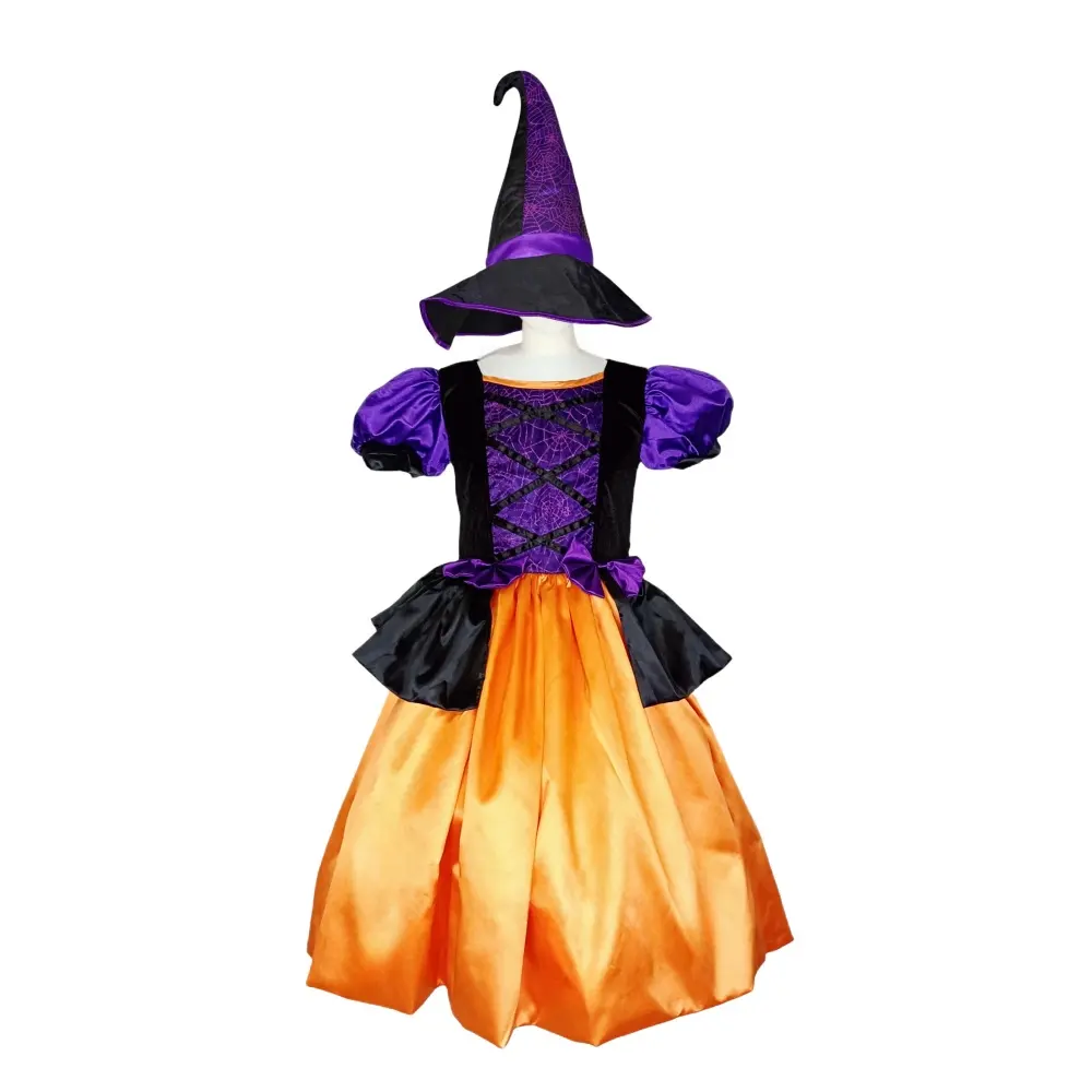 Factory Made Carnival Party Dresses Bubble Short Sleeve Purple And Orange Witch Dress Halloween Witch Costumes For Kids Girl