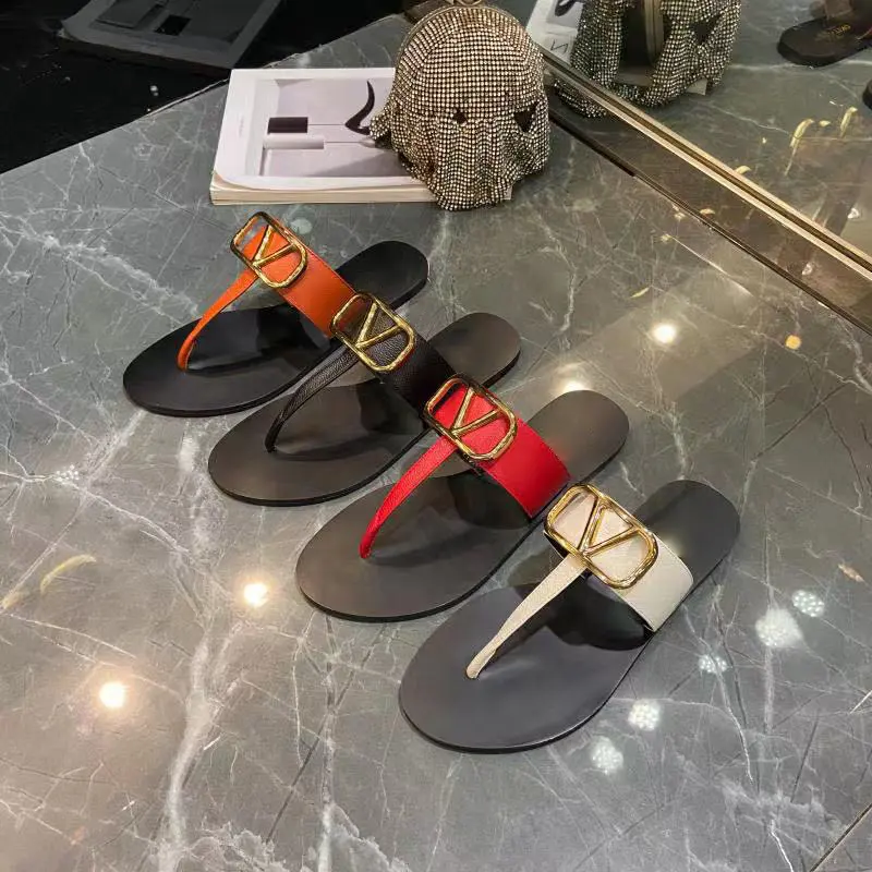 Sandalias de cuero de lujo para mujer, chanclas planas de diseñador VLTN, de alta calidad, a la moda, para verano