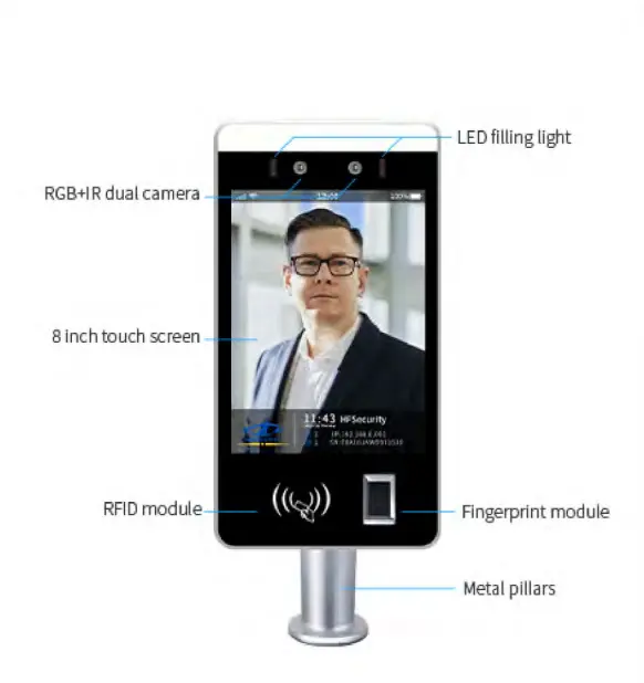 Sensore touchable da 8 pollici dispositivo di riconoscimento facciale AI face con impronta digitale e lettore di schede Rfid