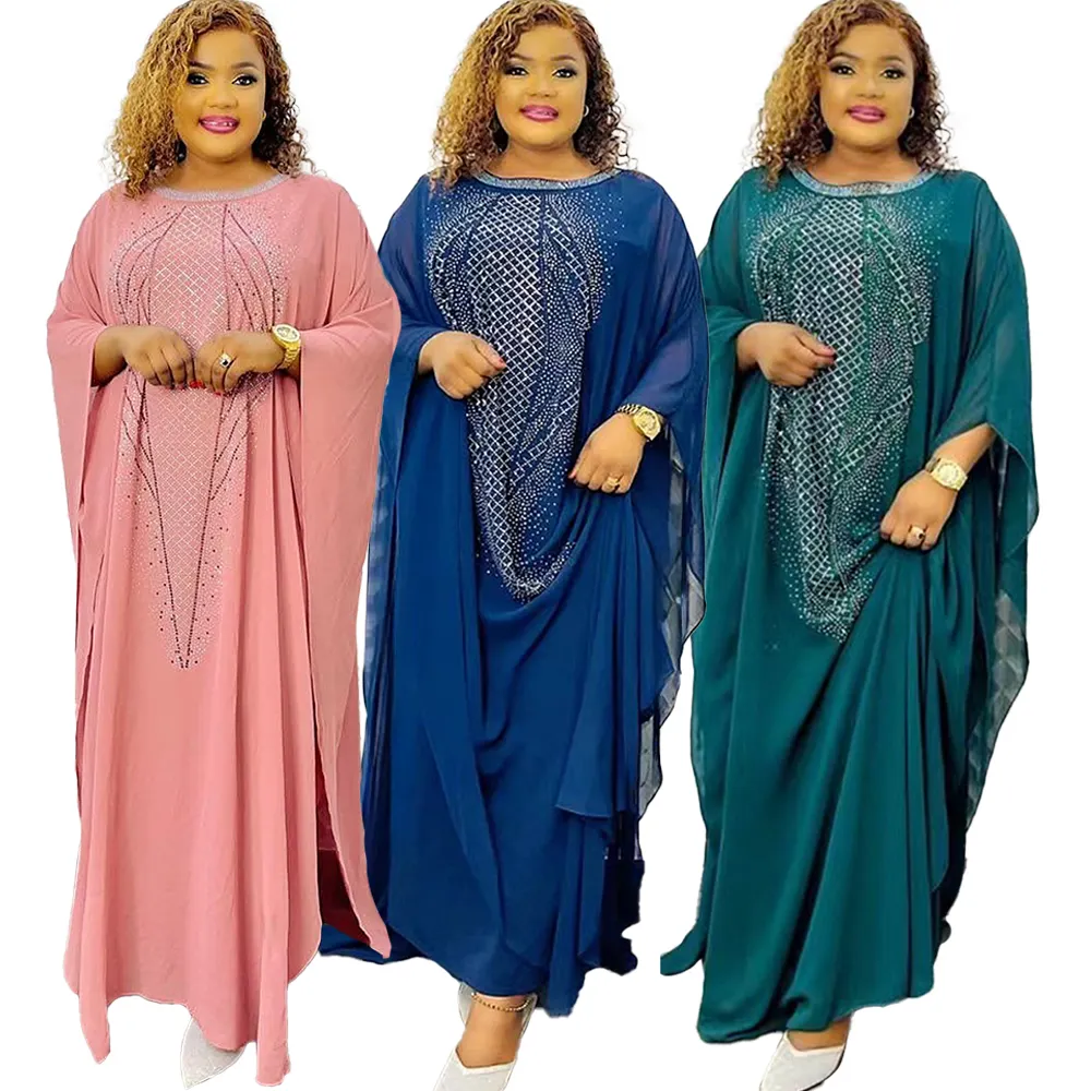 H & D Vestidos de encaje africano Maxi vestidos para mujer Abaya Dubai African Women's Loose Robe Maxi Kaftan Dress